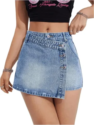 MakeMeChic Women's Wrap Denim Skirts Button Front Asymmetrical Hem Short Jean Skirt