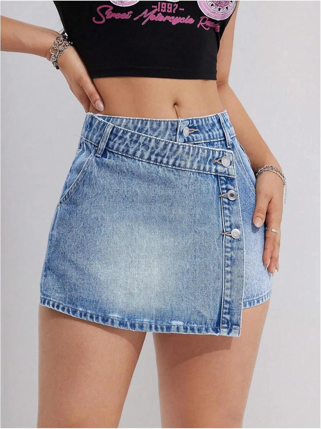MakeMeChic Women's Wrap Denim Skirts Button Front Asymmetrical Hem Short Jean Skirt