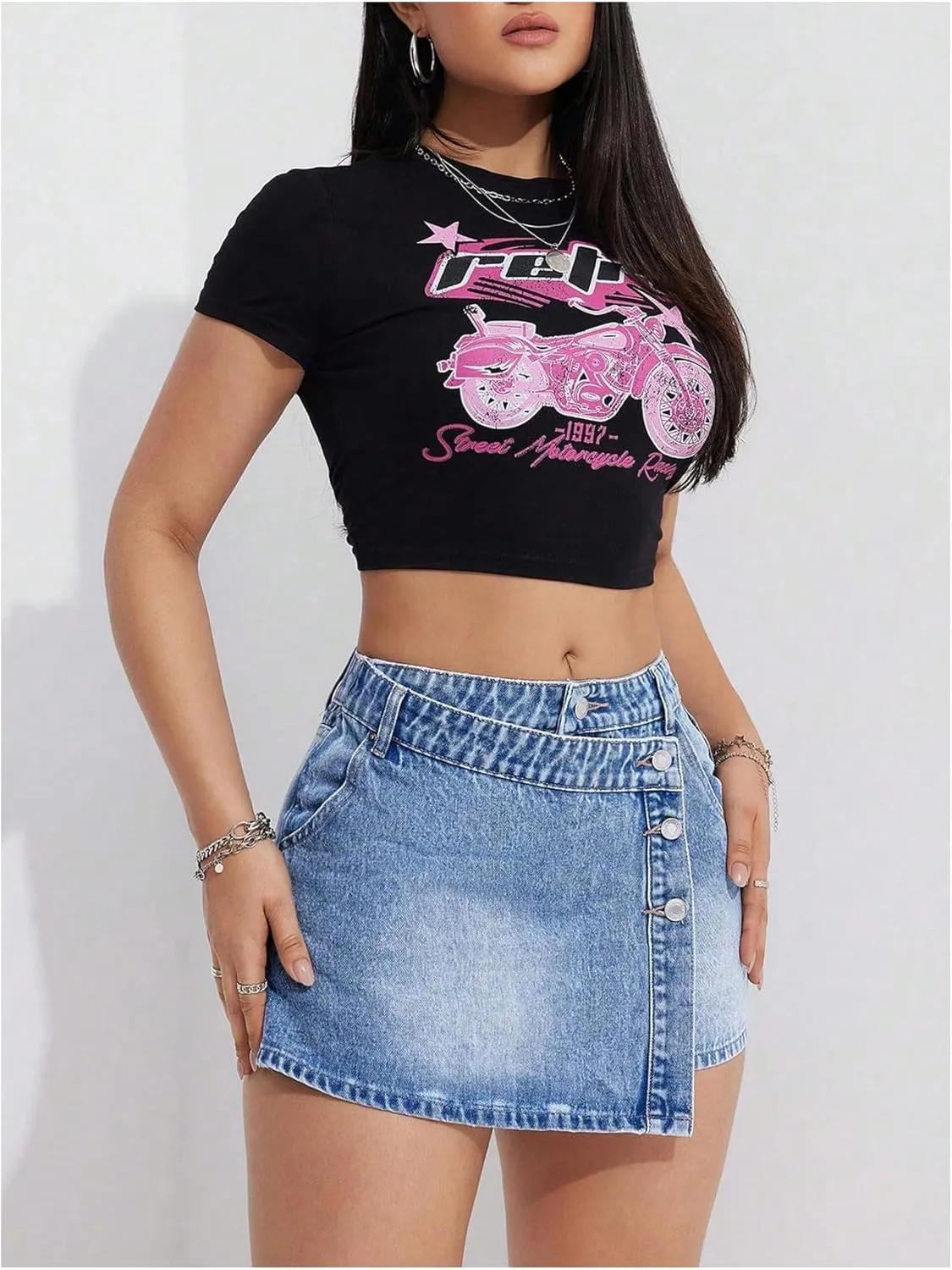 MakeMeChic Women's Wrap Denim Skirts Button Front Asymmetrical Hem Short Jean Skirt