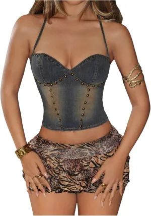 MakeMeChic Women's Y2k Denim Camis Crop Top Backless Rivet Studded Jean Tops