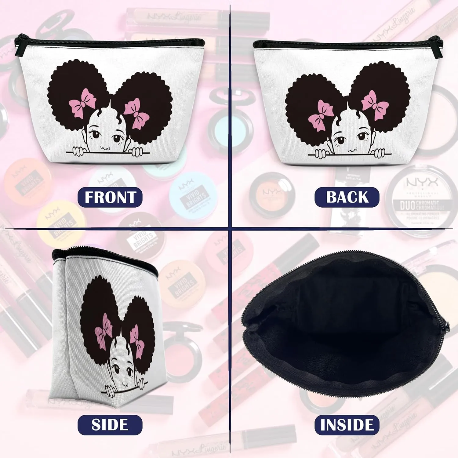 Makeup Bag Black Girl Cosmetic Bag for Women, Travel Small Bag for Purse, Pouch for Toiletries Water Resistant Gift 9.55.9 Inch