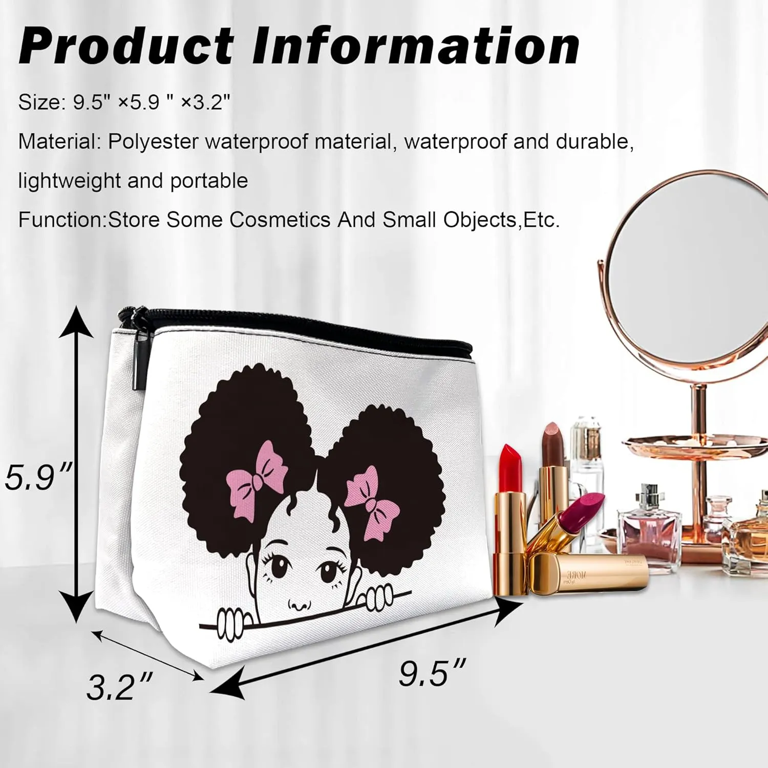 Makeup Bag Black Girl Cosmetic Bag for Women, Travel Small Bag for Purse, Pouch for Toiletries Water Resistant Gift 9.55.9 Inch
