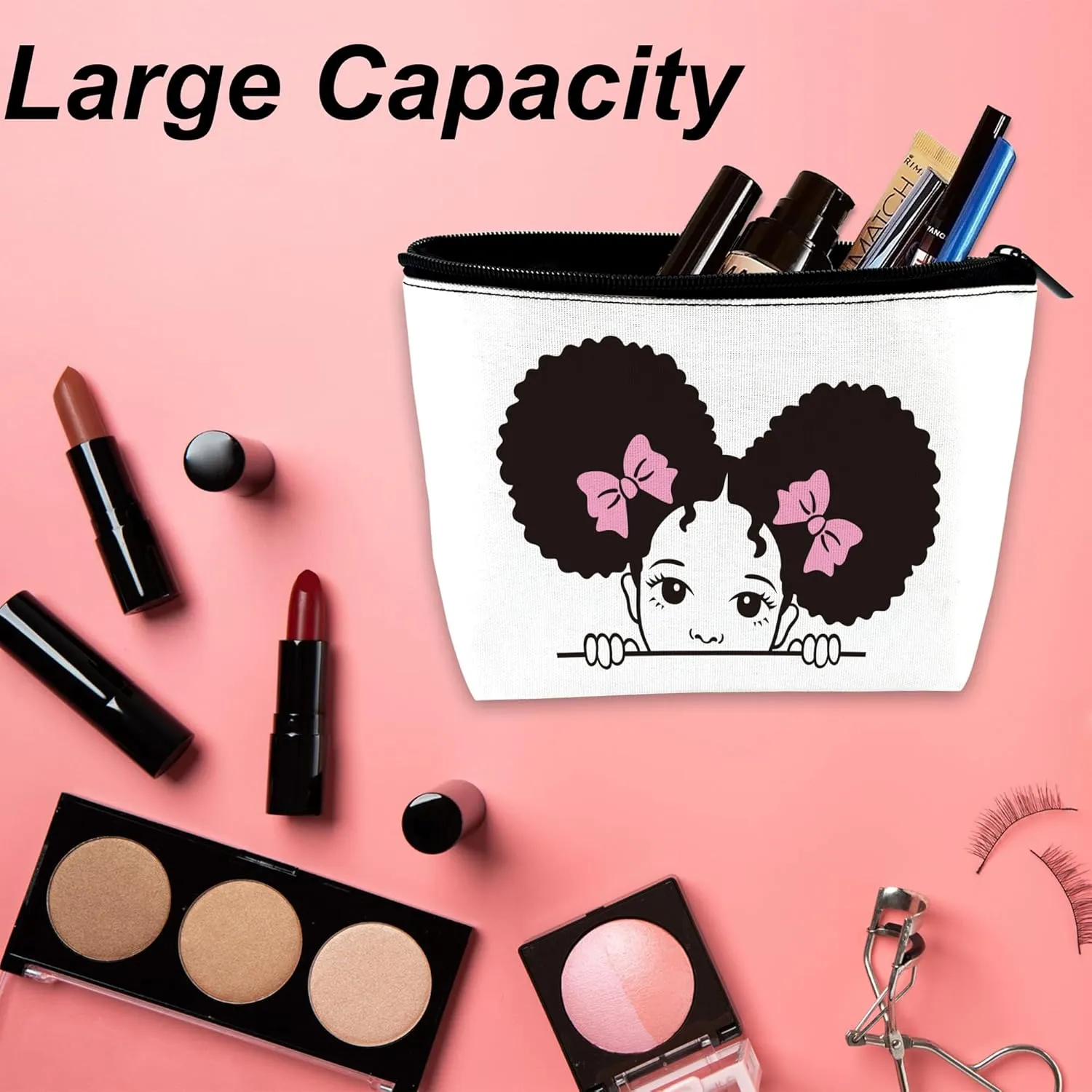 Makeup Bag Black Girl Cosmetic Bag for Women, Travel Small Bag for Purse, Pouch for Toiletries Water Resistant Gift 9.55.9 Inch