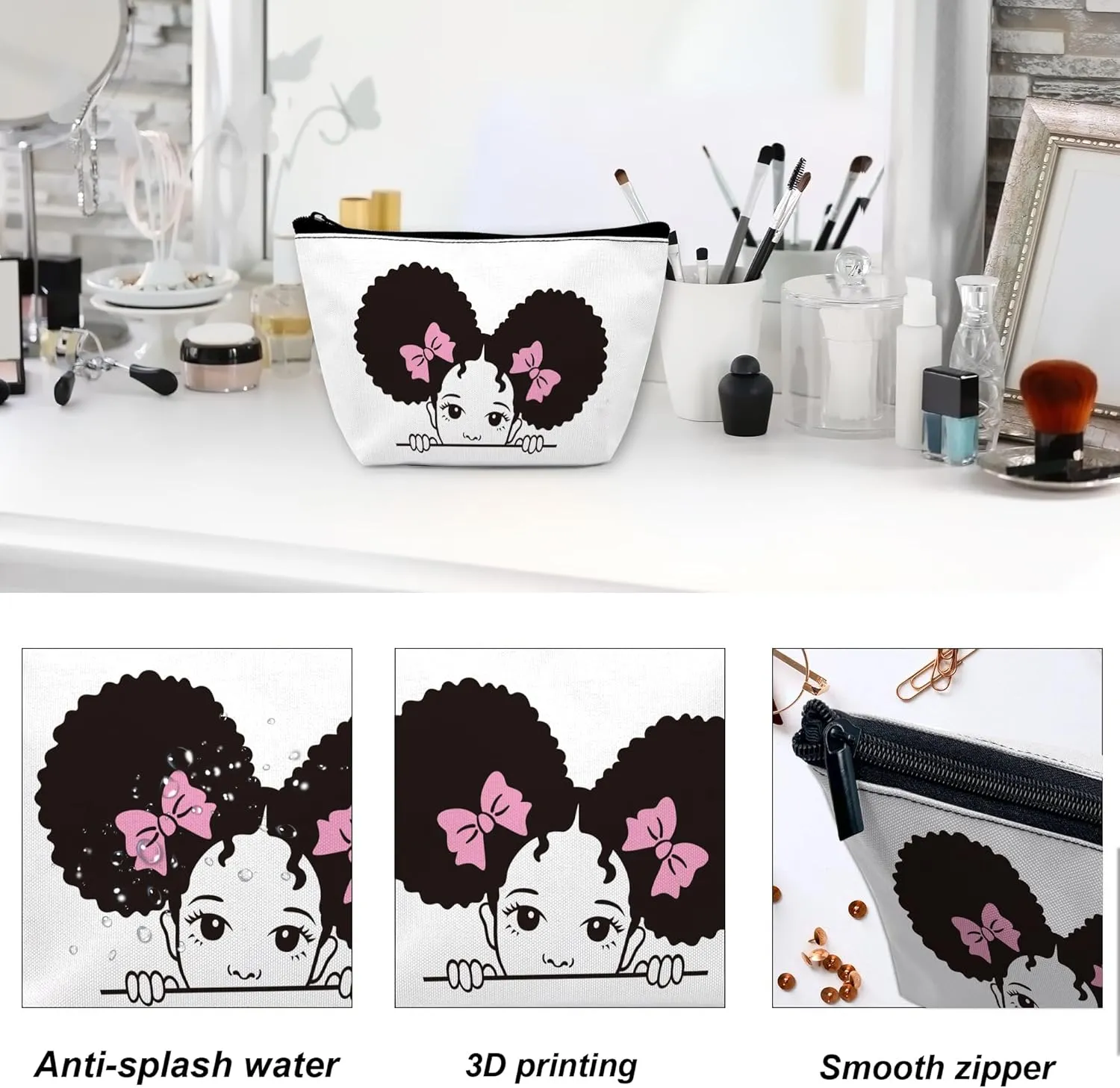 Makeup Bag Black Girl Cosmetic Bag for Women, Travel Small Bag for Purse, Pouch for Toiletries Water Resistant Gift 9.55.9 Inch