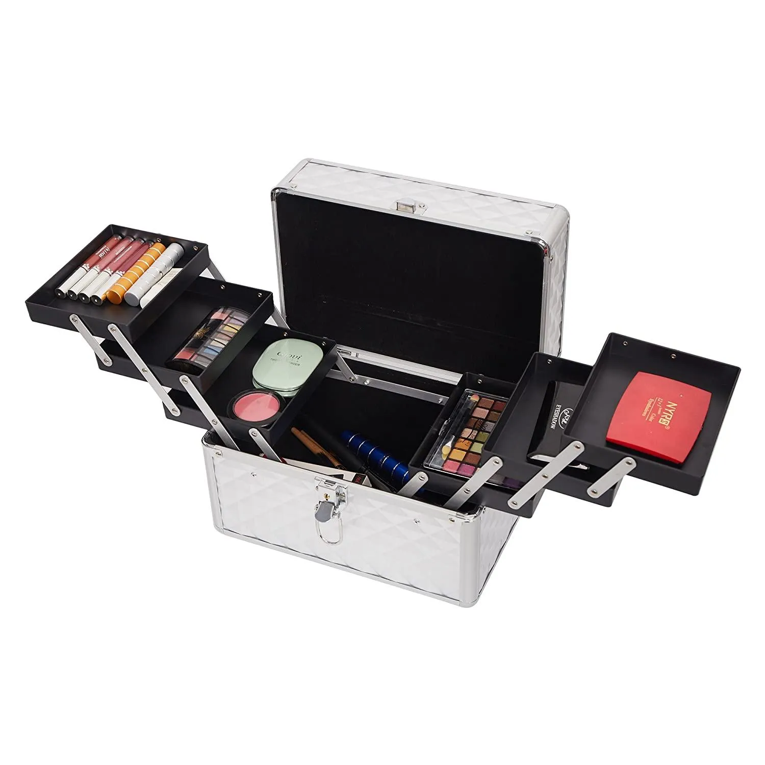 Makeup Train Case Professional Cosmetic Box with Adjustable Dividers 4 Trays and 2 Locks Glossy Aluminum Design