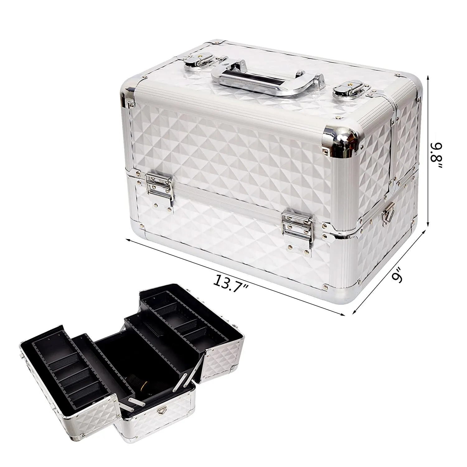 Makeup Train Case Professional Cosmetic Box with Adjustable Dividers 4 Trays and 2 Locks Glossy Aluminum Design