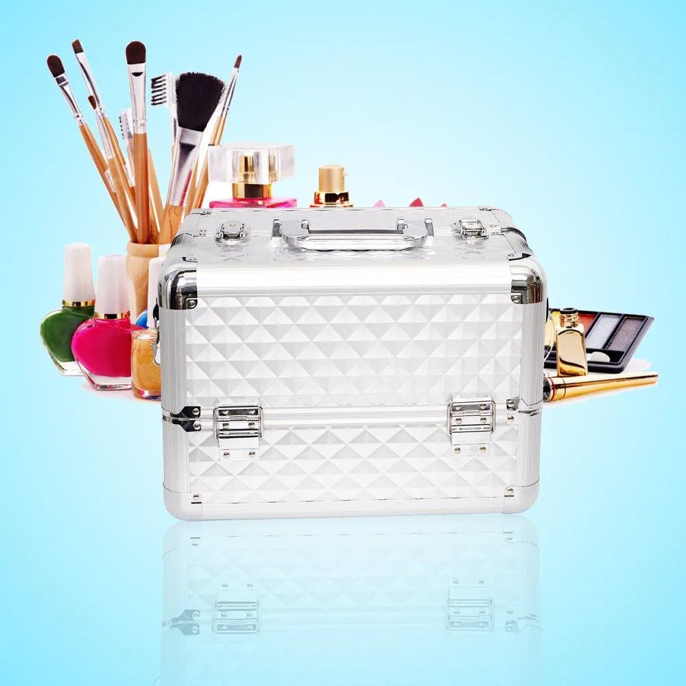Makeup Train Case Professional Cosmetic Box with Adjustable Dividers 4 Trays and 2 Locks Glossy Aluminum Design