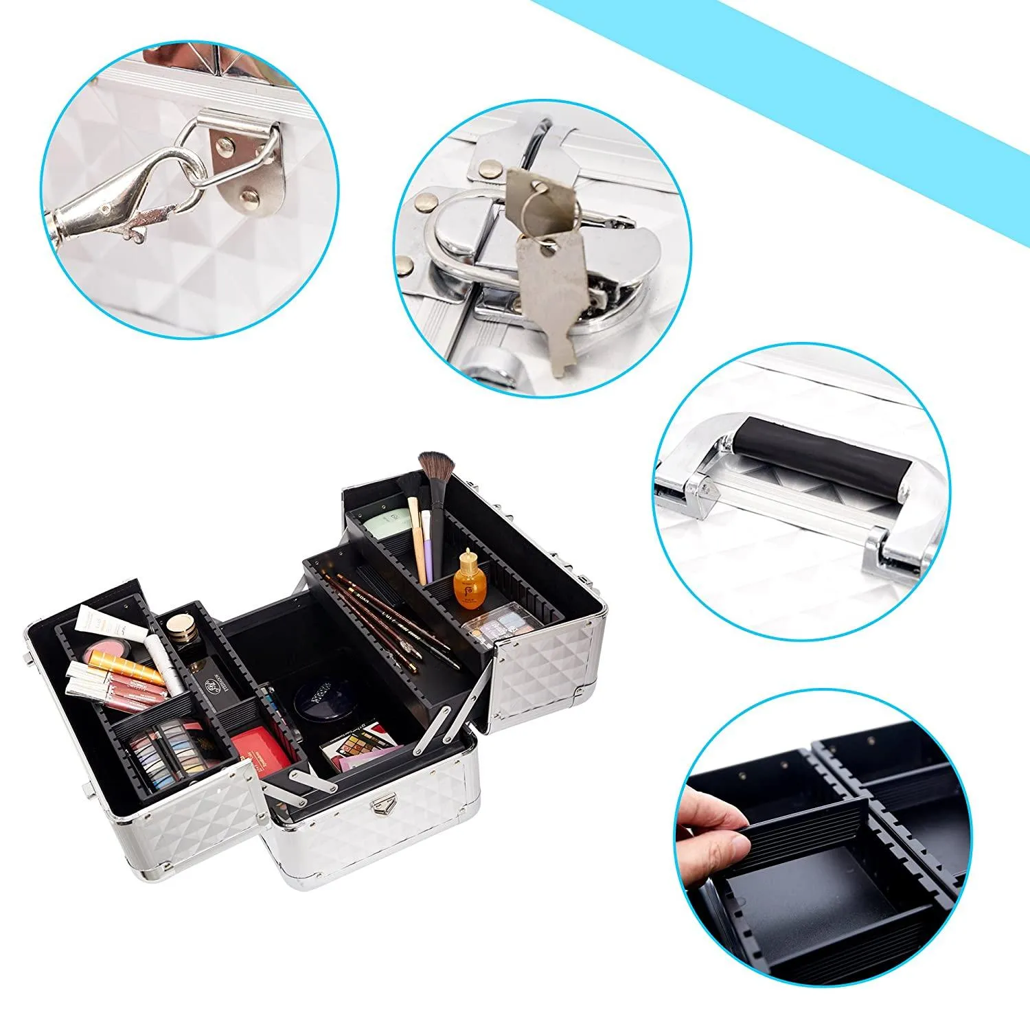 Makeup Train Case Professional Cosmetic Box with Adjustable Dividers 4 Trays and 2 Locks Glossy Aluminum Design