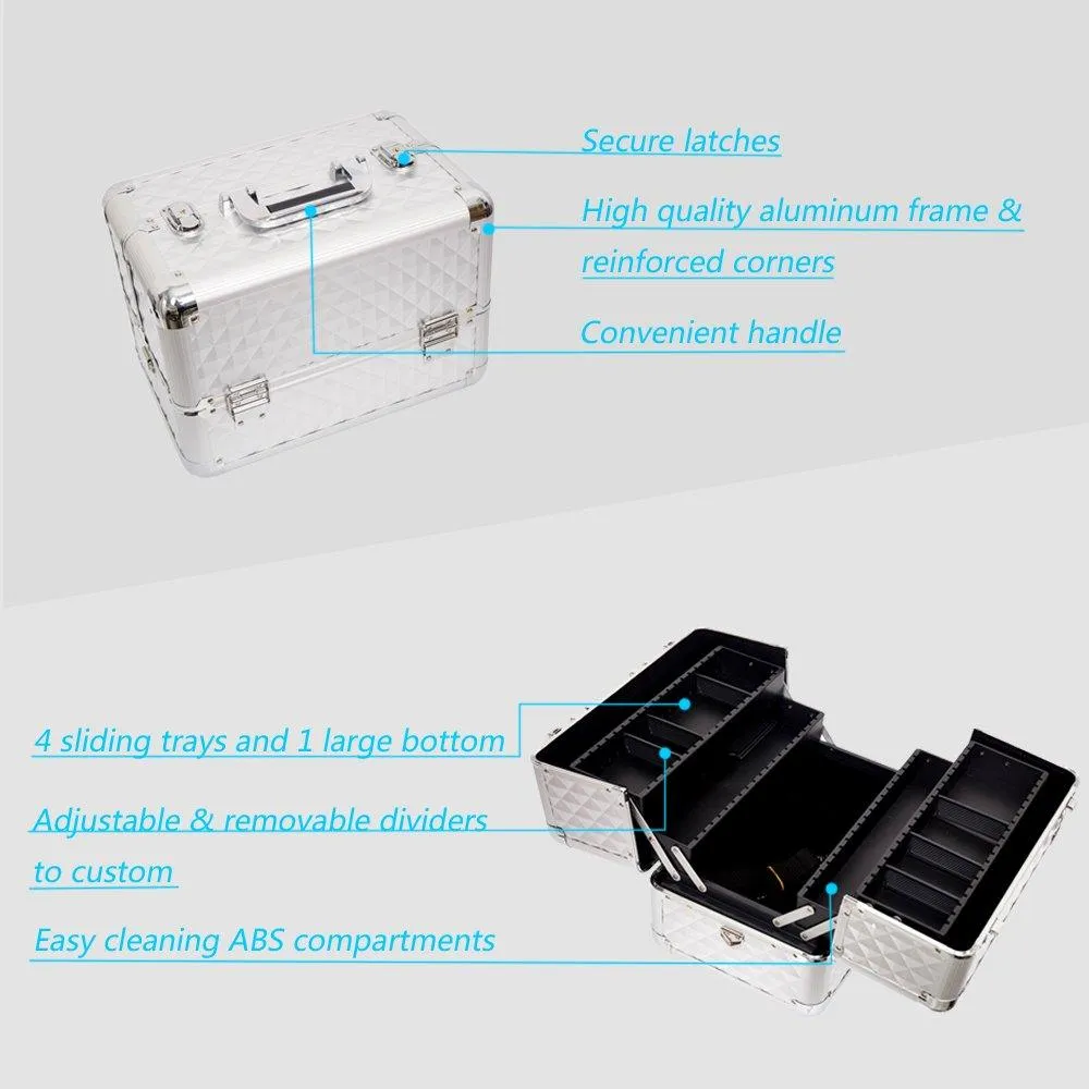 Makeup Train Case Professional Cosmetic Box with Adjustable Dividers 4 Trays and 2 Locks Glossy Aluminum Design
