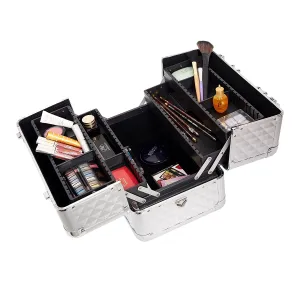 Makeup Train Case Professional Cosmetic Box with Adjustable Dividers 4 Trays and 2 Locks Glossy Aluminum Design