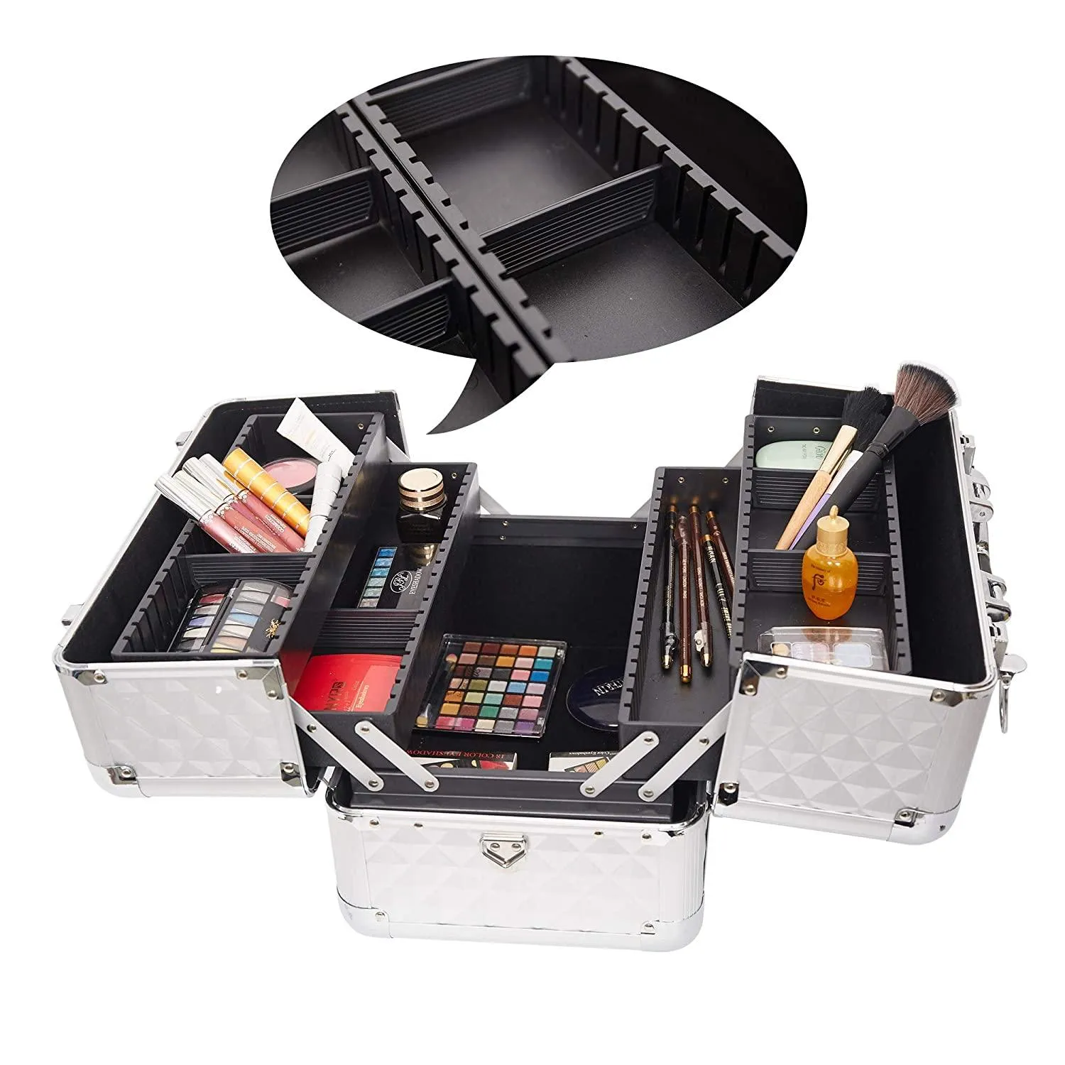 Makeup Train Case Professional Cosmetic Box with Adjustable Dividers 4 Trays and 2 Locks Glossy Aluminum Design