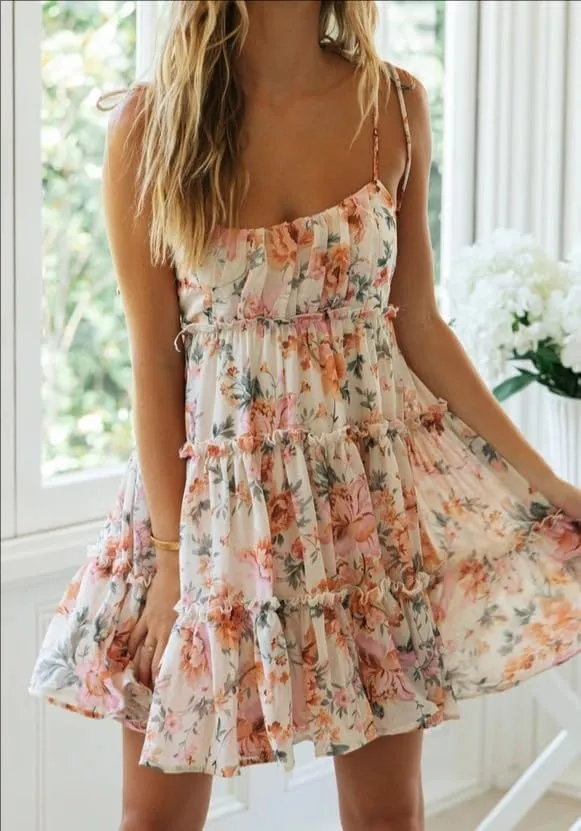 Melliflo Women's Mini Dress Floral Print Strap Tiered Ruffle Hem Scoop Neck Boho Short Dress