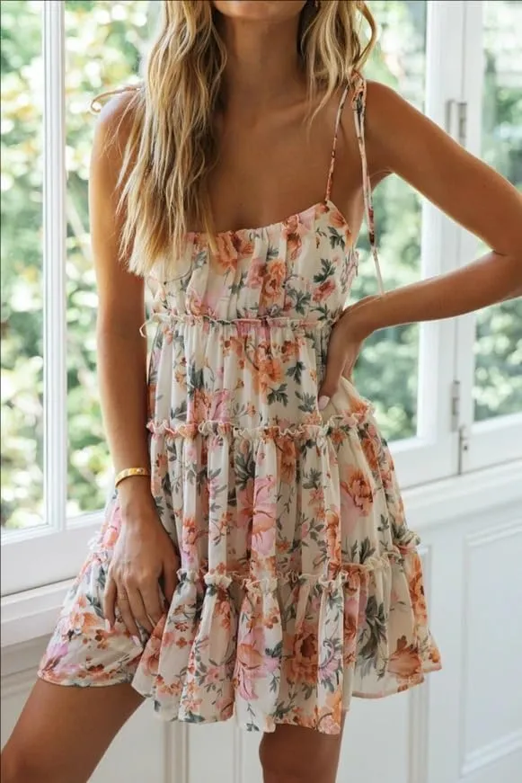 Melliflo Women's Mini Dress Floral Print Strap Tiered Ruffle Hem Scoop Neck Boho Short Dress