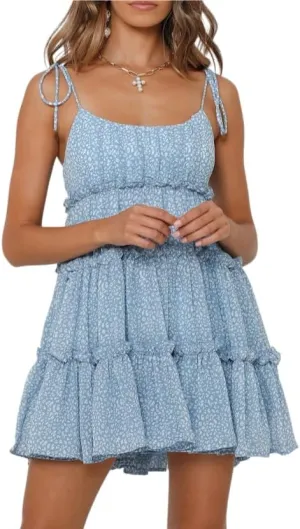 Melliflo Women's Mini Dress Floral Print Strap Tiered Ruffle Hem Scoop Neck Boho Short Dress