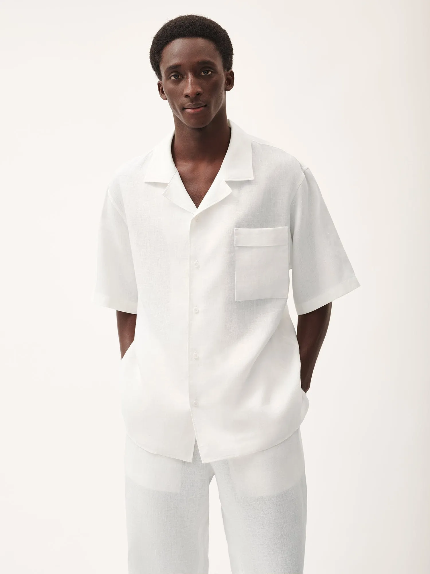 Mens Aloe Linen Camp Collar Shirtoff-white