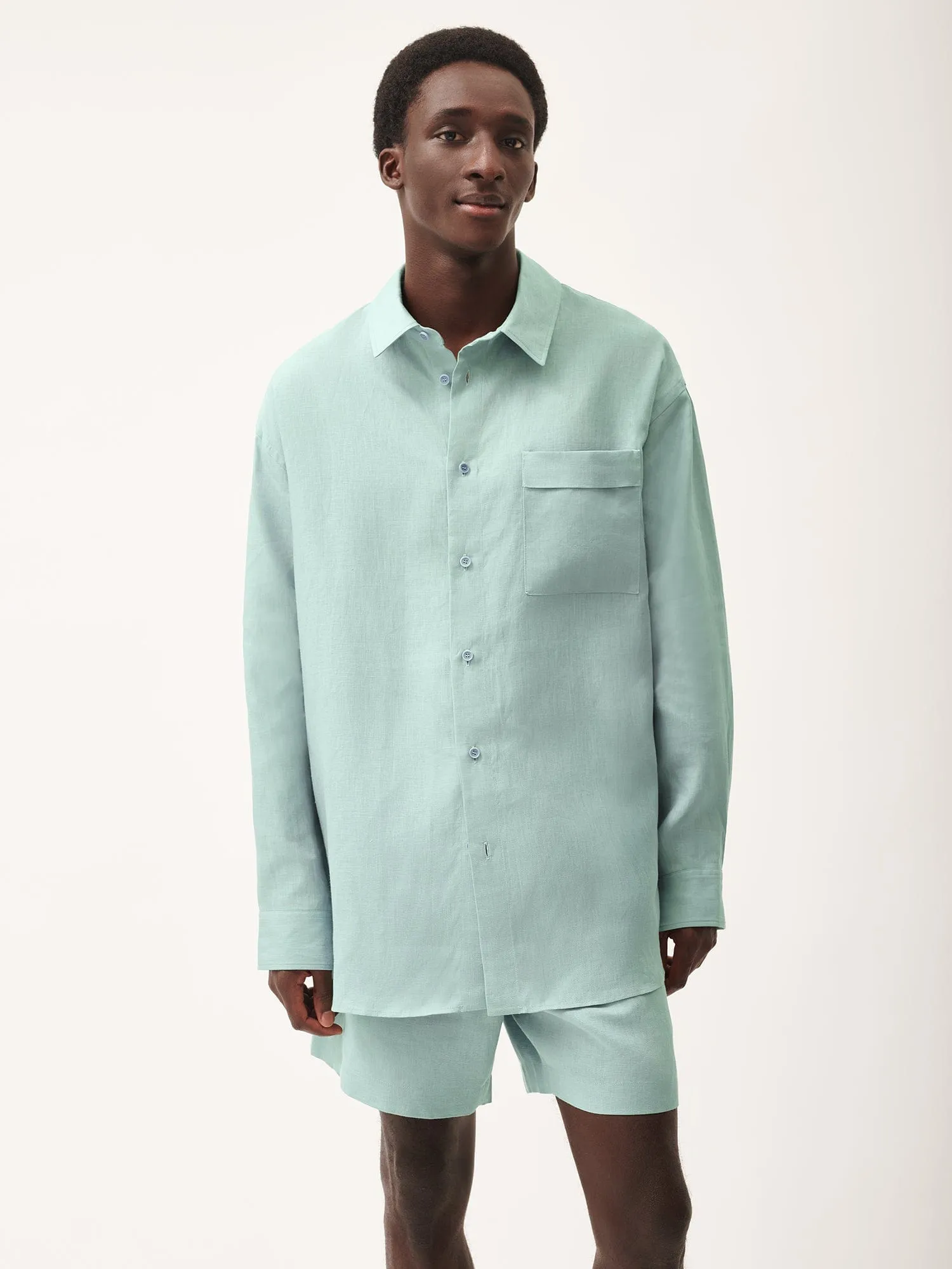 Mens Aloe Linen Collared Long Sleeve Shirteucalyptus blue