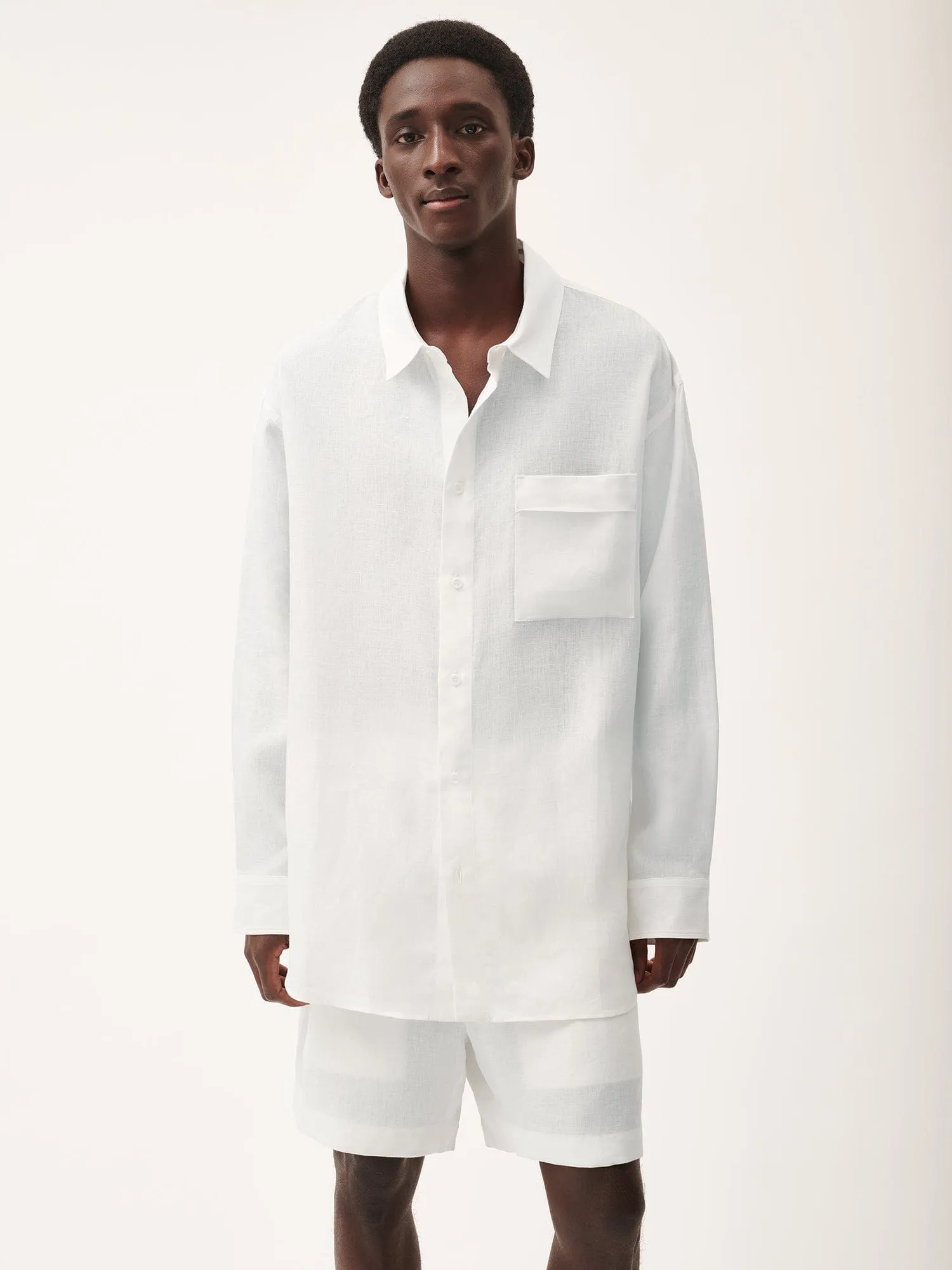 Mens Aloe Linen Collared Long Sleeve Shirtoff-white