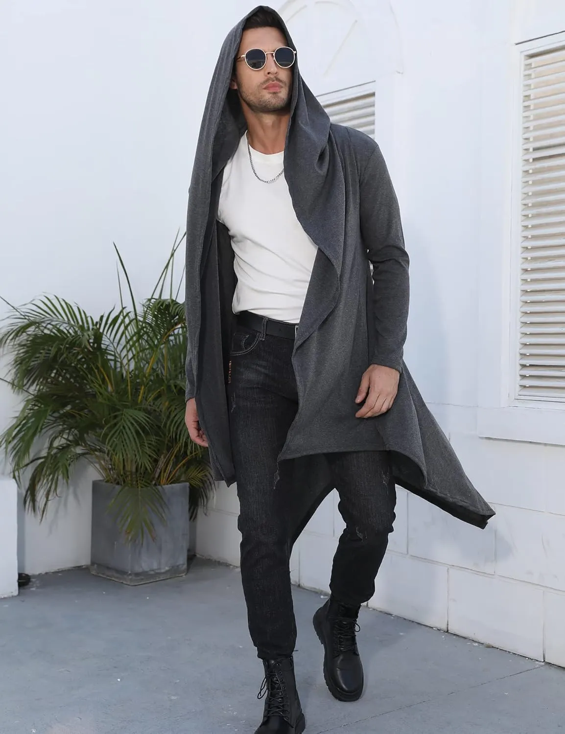 Mens Cardigan Long Open Front Draped Lightweight Hooded Sweater with Pockets