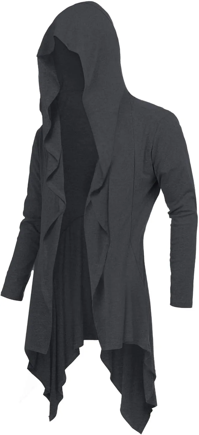 Mens Cardigan Long Open Front Draped Lightweight Hooded Sweater with Pockets
