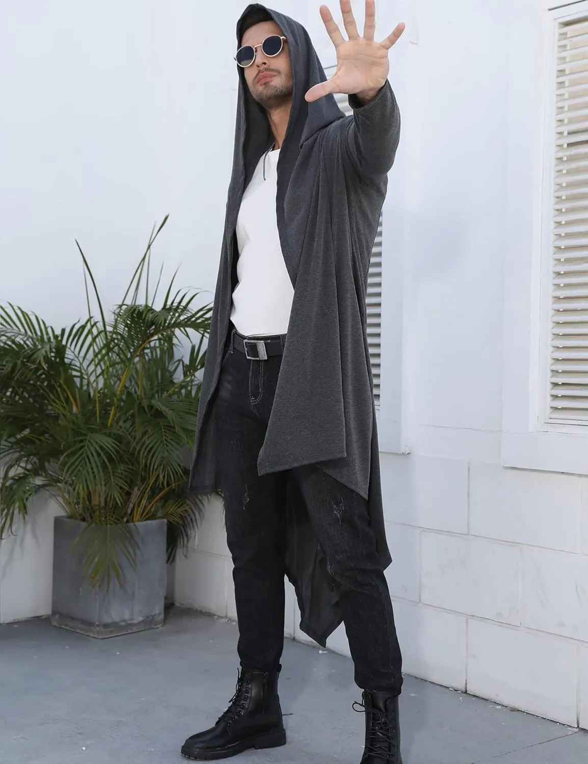Mens Cardigan Long Open Front Draped Lightweight Hooded Sweater with Pockets