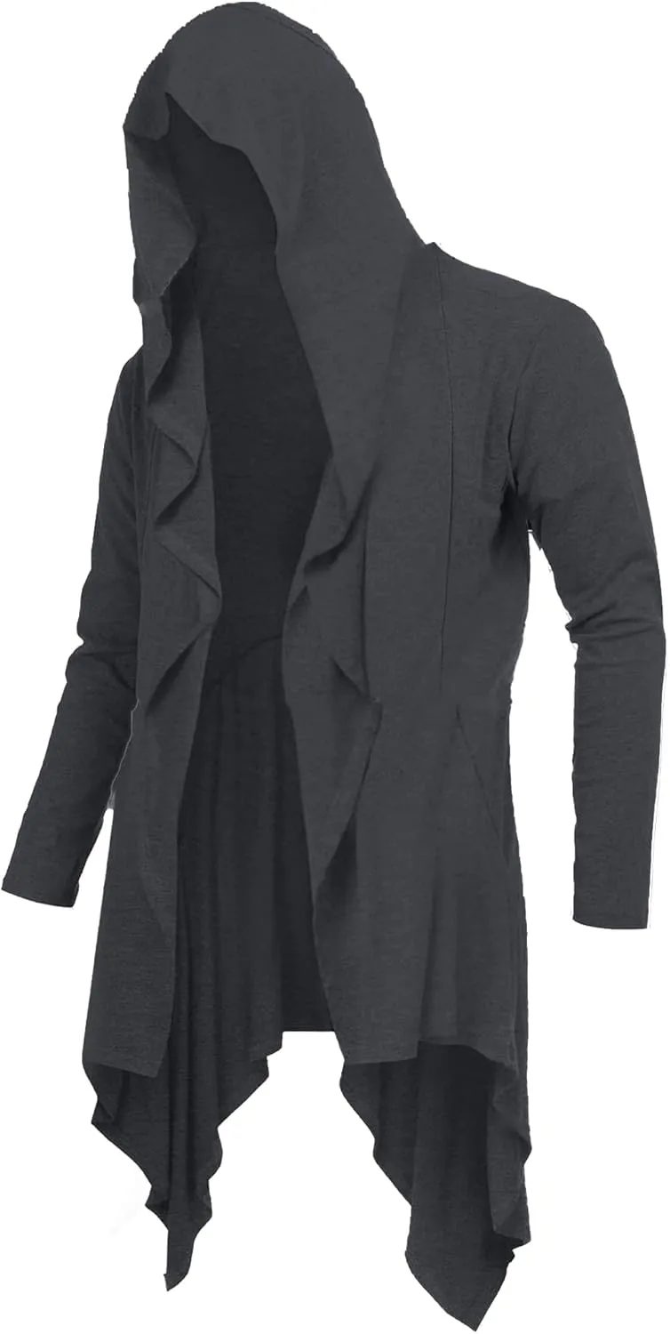 Mens Cardigan Long Open Front Draped Lightweight Hooded Sweater with Pockets