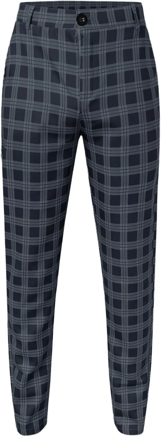 Men's Dress Pants Slim Fit Flat Front Plaid Business Work Pencil Trouser Casual Stretch Golf Chino Pants with Pockets