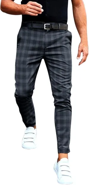 Men's Dress Pants Slim Fit Flat Front Plaid Business Work Pencil Trouser Casual Stretch Golf Chino Pants with Pockets