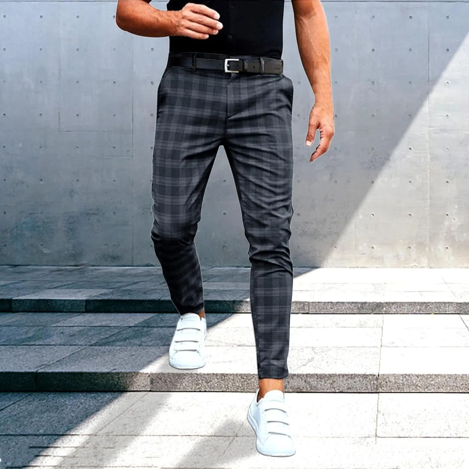 Men's Dress Pants Slim Fit Flat Front Plaid Business Work Pencil Trouser Casual Stretch Golf Chino Pants with Pockets