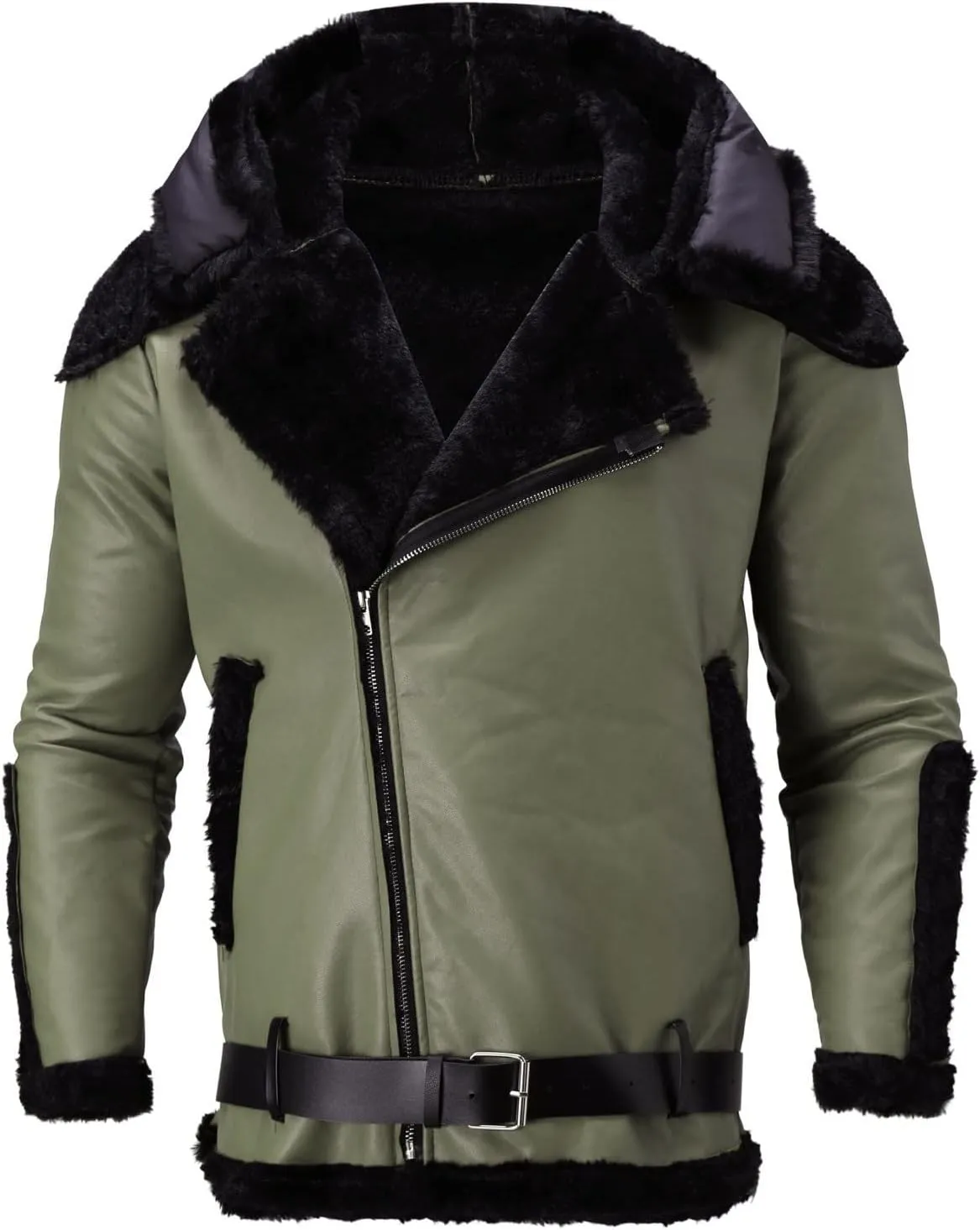 Mens Faux Fur Coat, Gutori Men's Faux Leather Thicken Winter Warm Long Jacket Lightweight Parka Hooded Pea Coat Outwear