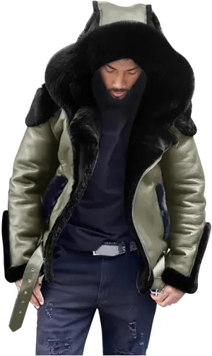 Mens Faux Fur Coat, Gutori Men's Faux Leather Thicken Winter Warm Long Jacket Lightweight Parka Hooded Pea Coat Outwear