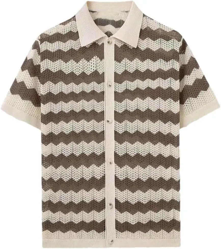 Mens Knitting Shirts Vintage Hollow Jacquards Short Sleeve Knit Cardigan Tops Buttoned Lapel Shirt