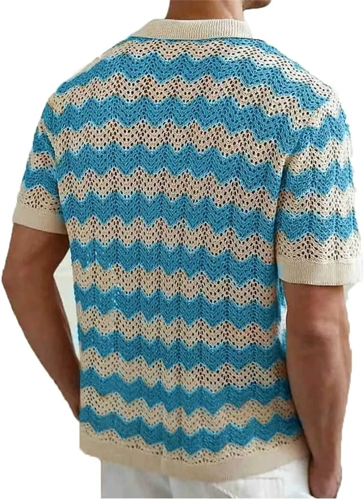Mens Knitting Shirts Vintage Hollow Jacquards Short Sleeve Knit Cardigan Tops Buttoned Lapel Shirt