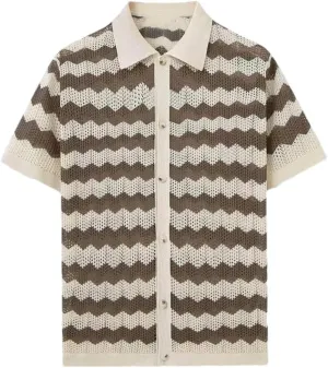 Mens Knitting Shirts Vintage Hollow Jacquards Short Sleeve Knit Cardigan Tops Buttoned Lapel Shirt
