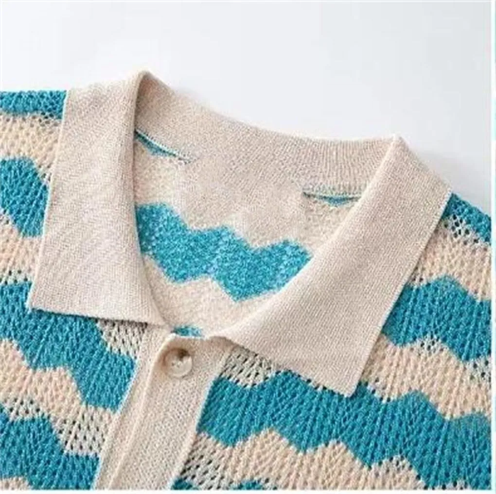 Mens Knitting Shirts Vintage Hollow Jacquards Short Sleeve Knit Cardigan Tops Buttoned Lapel Shirt