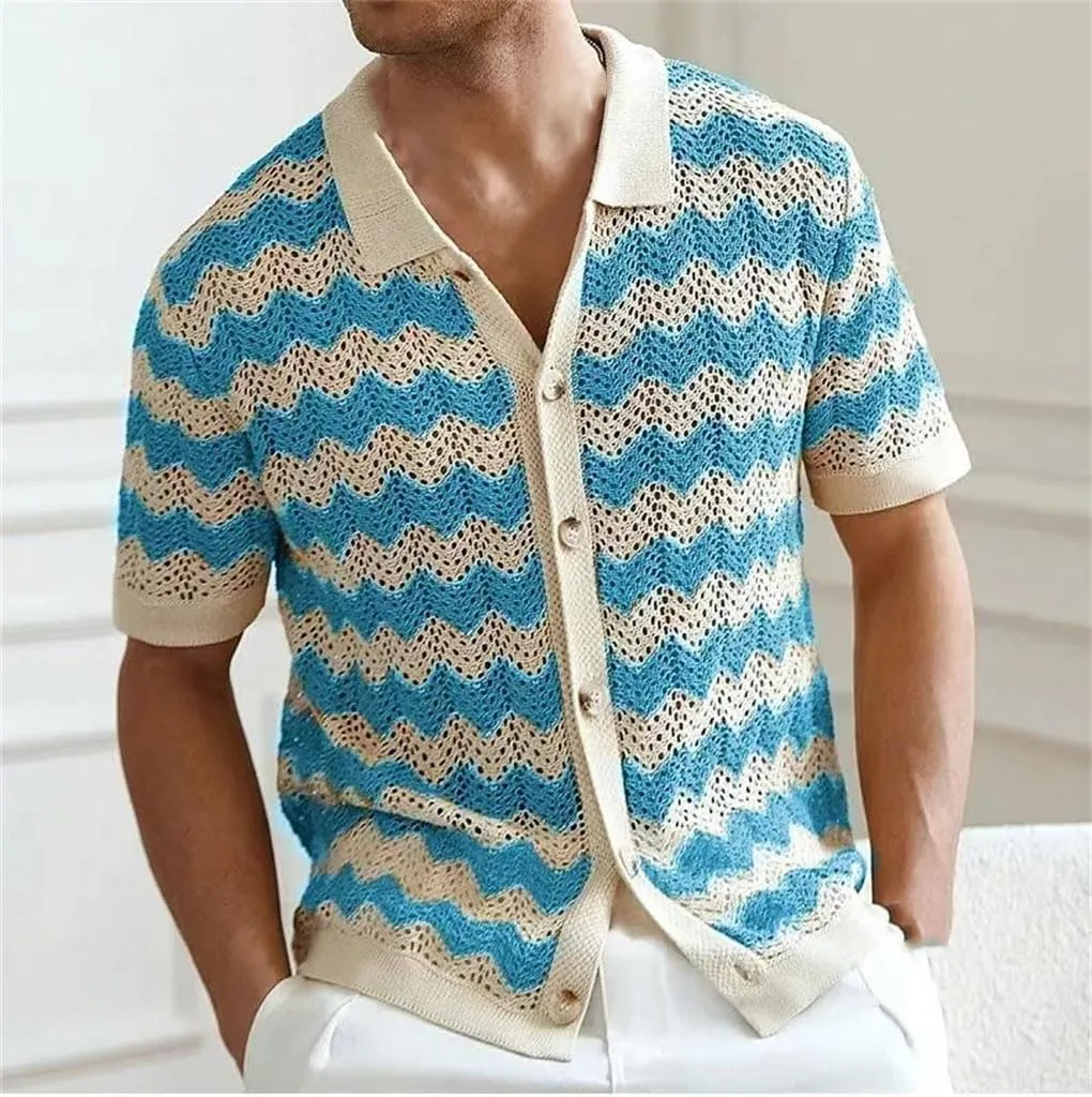 Mens Knitting Shirts Vintage Hollow Jacquards Short Sleeve Knit Cardigan Tops Buttoned Lapel Shirt