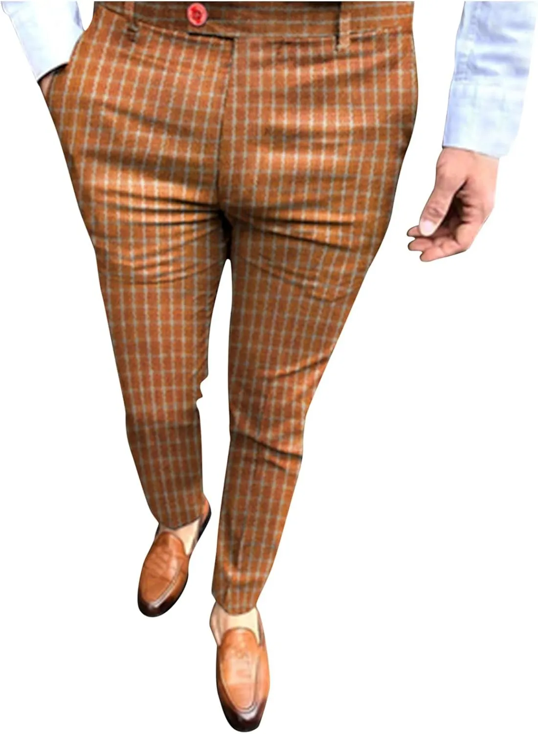 Men's Plaid Dress Pants Slim Fit Flat Front Business Work Pencil Trousers Casual Stretchy Golf Chino Pants with Pockets