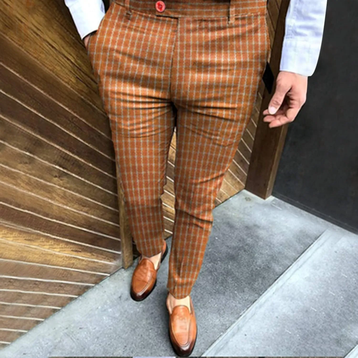 Men's Plaid Dress Pants Slim Fit Flat Front Business Work Pencil Trousers Casual Stretchy Golf Chino Pants with Pockets