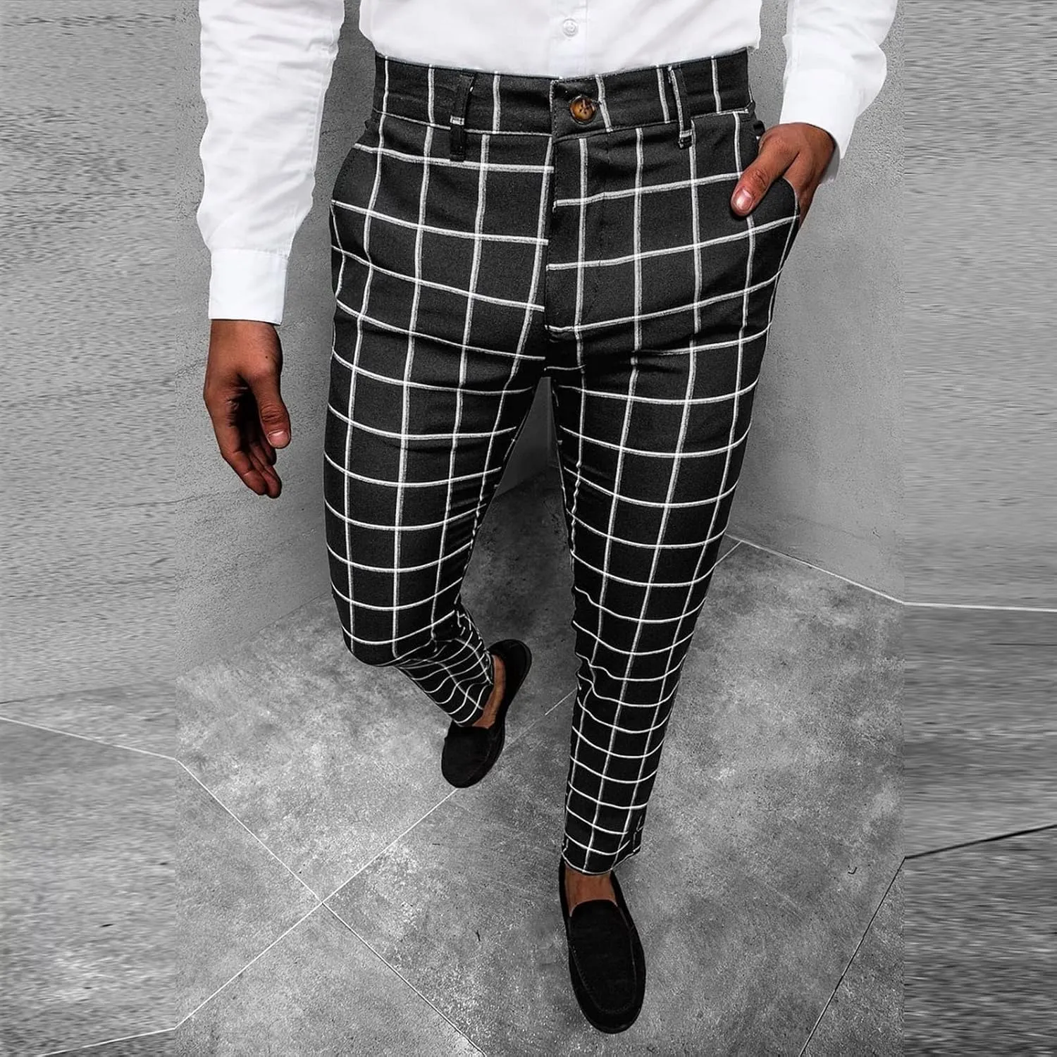 Men's Plaid Dress Pants Slim Fit Lightweight Business Work Trousers Zip Off Casual Strecth Golf Pencil Chinos with Pockets