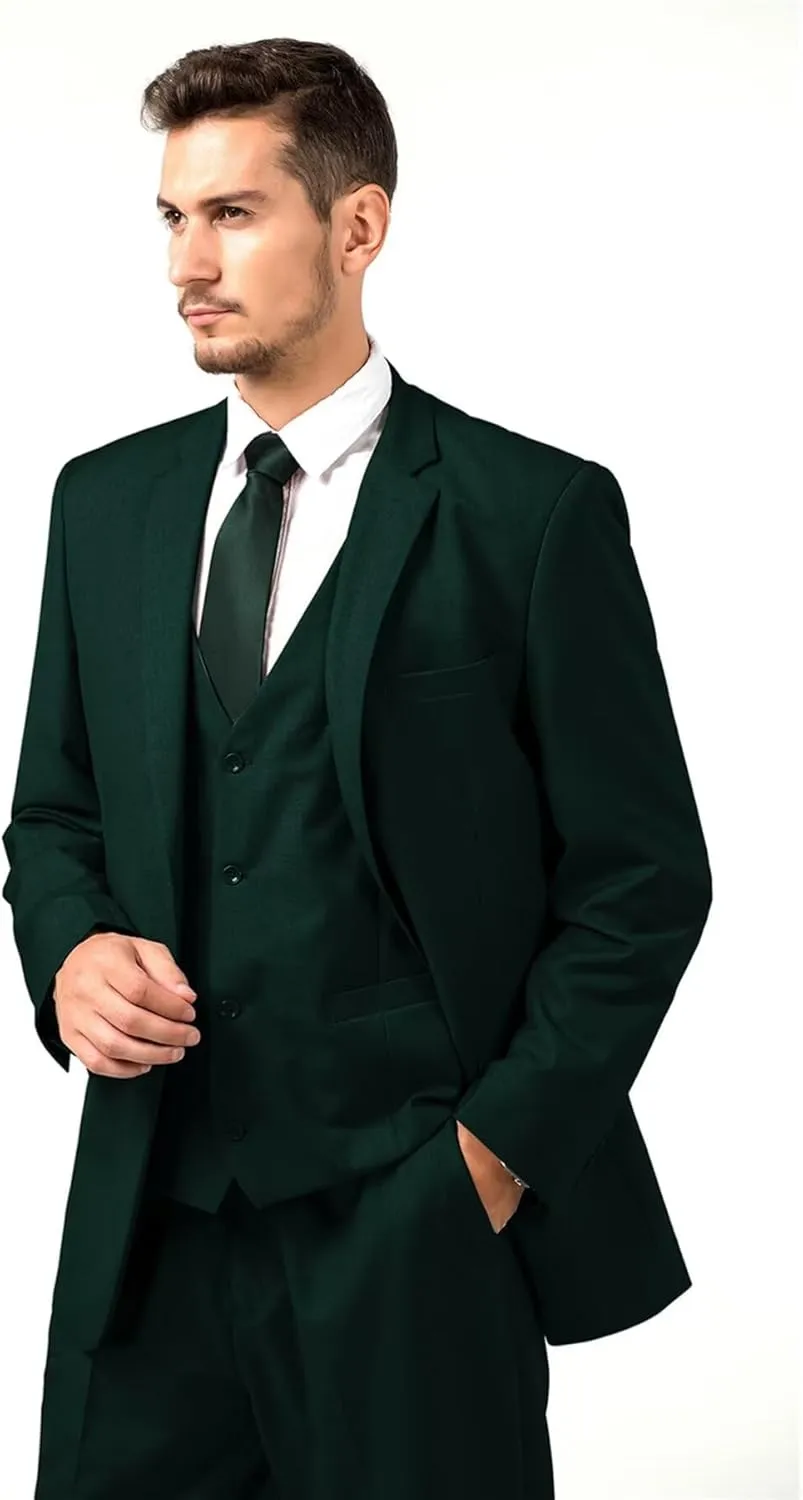 Mens Suit 3 Piece Set Slim Fit Wedding Groomsmen Suit for Men Two Buttons Suits Set Solid Jacket Vest Pants with Tie