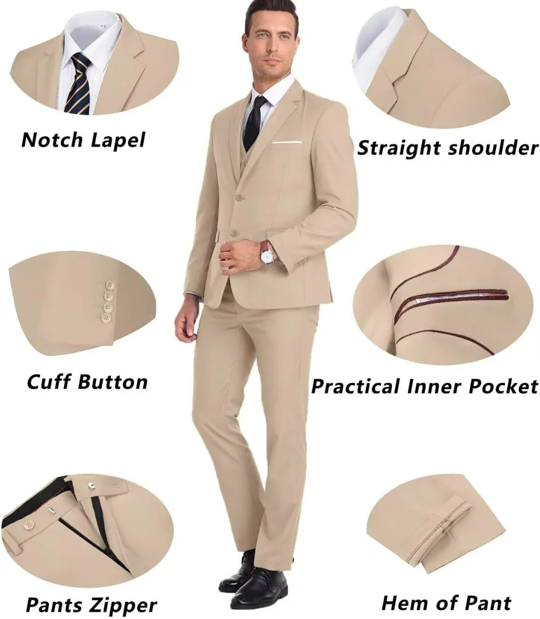 Mens Suit 3 Piece Set Slim Fit Wedding Groomsmen Suit for Men Two Buttons Suits Set Solid Jacket Vest Pants with Tie