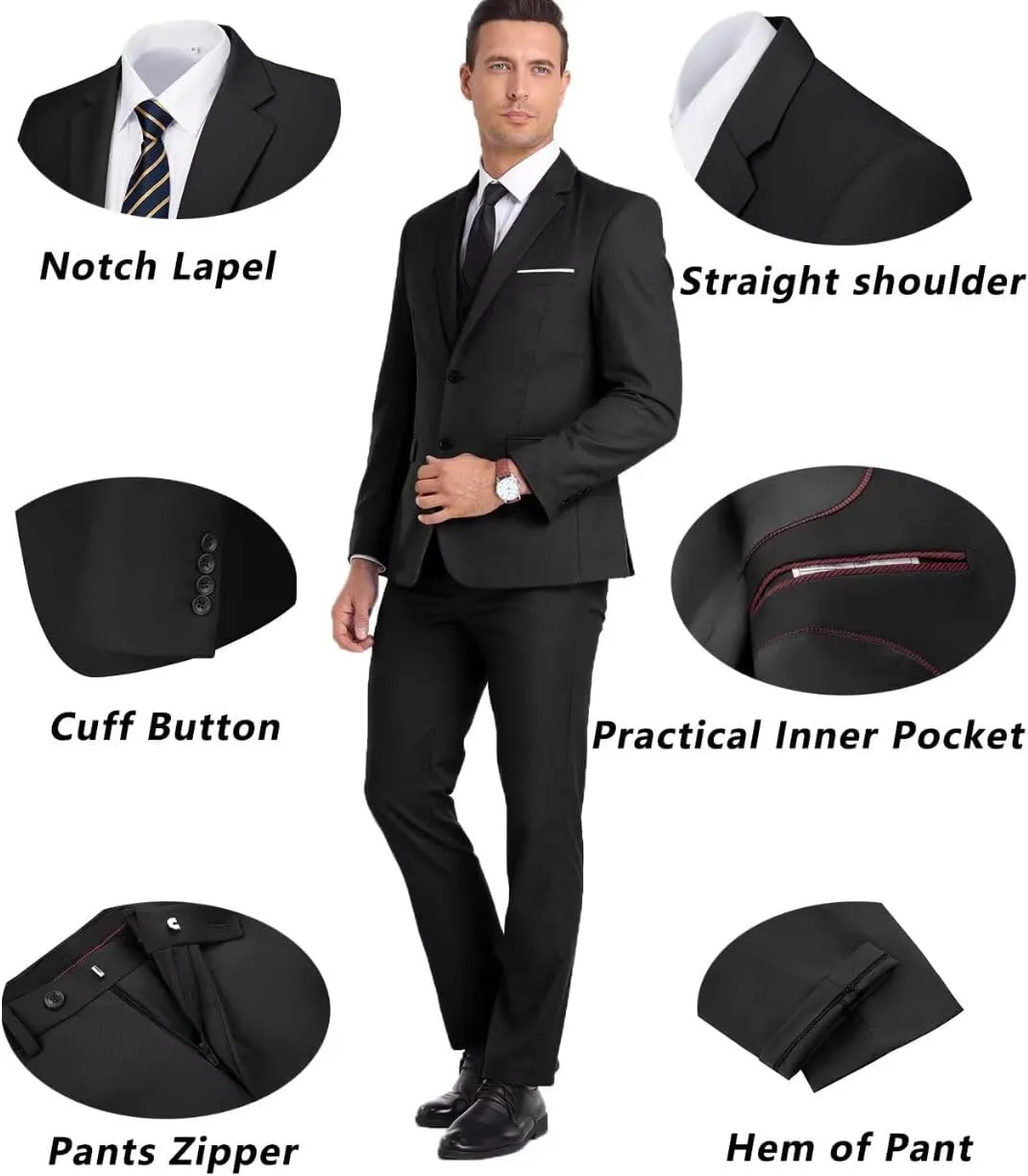 Mens Suit 3 Piece Set Slim Fit Wedding Groomsmen Suit for Men Two Buttons Suits Set Solid Jacket Vest Pants with Tie