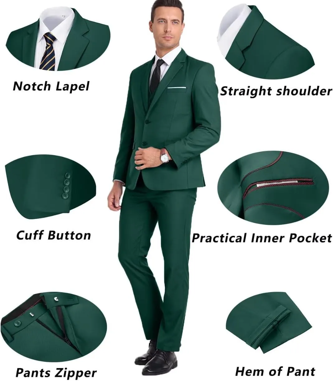 Mens Suit 3 Piece Set Slim Fit Wedding Groomsmen Suit for Men Two Buttons Suits Set Solid Jacket Vest Pants with Tie