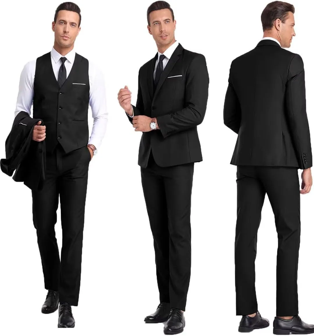 Mens Suit 3 Piece Set Slim Fit Wedding Groomsmen Suit for Men Two Buttons Suits Set Solid Jacket Vest Pants with Tie
