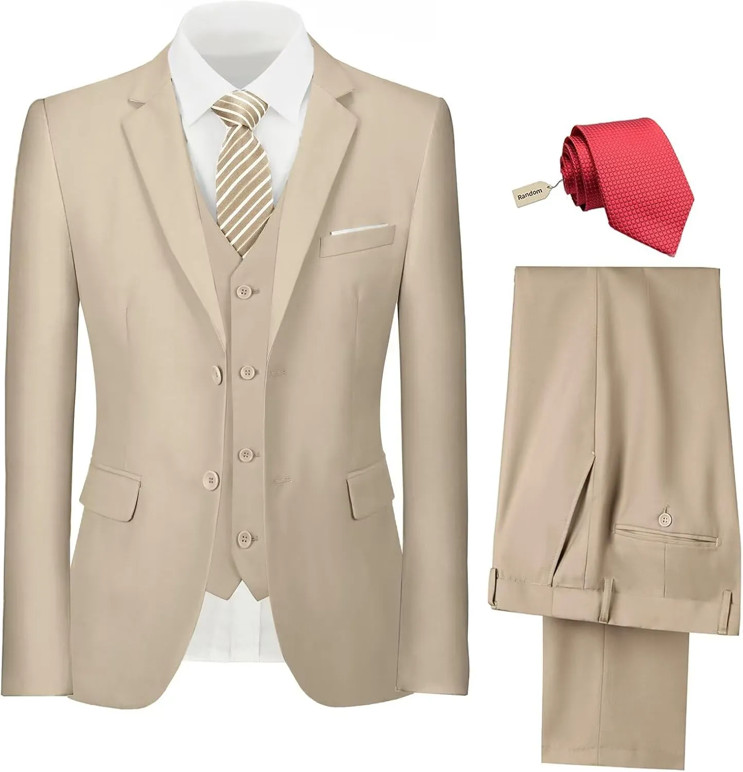 Mens Suit 3 Piece Set Slim Fit Wedding Groomsmen Suit for Men Two Buttons Suits Set Solid Jacket Vest Pants with Tie