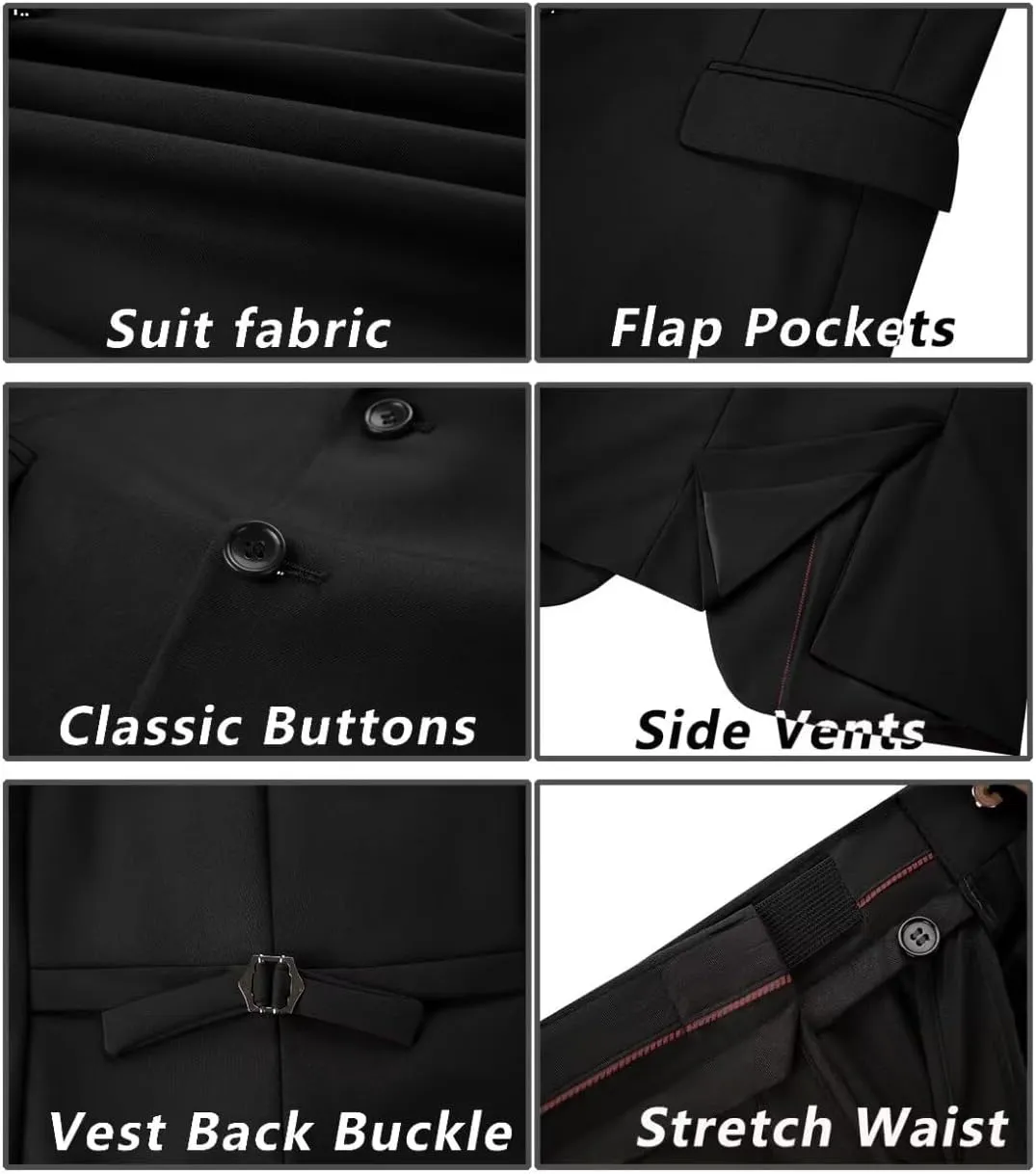 Mens Suit 3 Piece Set Slim Fit Wedding Groomsmen Suit for Men Two Buttons Suits Set Solid Jacket Vest Pants with Tie