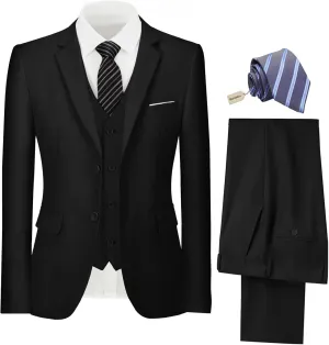 Mens Suit 3 Piece Set Slim Fit Wedding Groomsmen Suit for Men Two Buttons Suits Set Solid Jacket Vest Pants with Tie