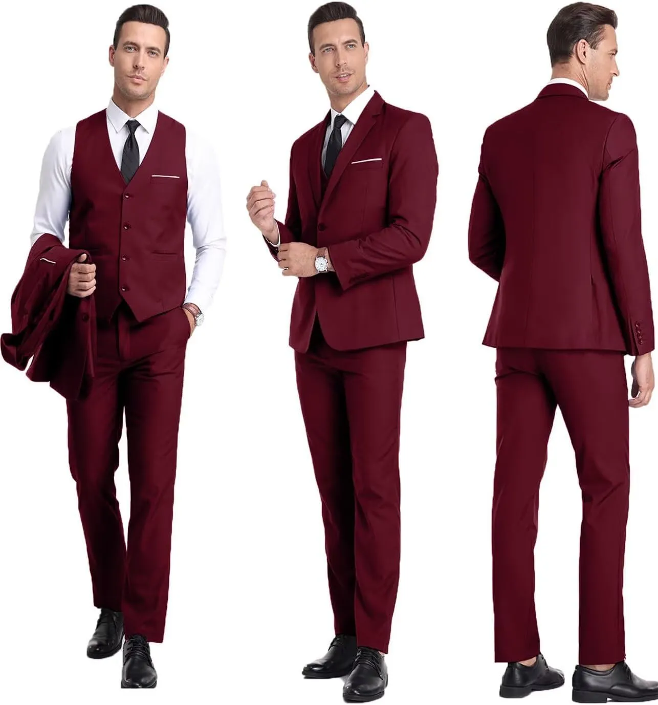 Mens Suit 3 Piece Set Slim Fit Wedding Groomsmen Suit for Men Two Buttons Suits Set Solid Jacket Vest Pants with Tie