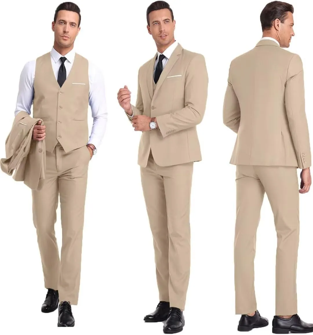 Mens Suit 3 Piece Set Slim Fit Wedding Groomsmen Suit for Men Two Buttons Suits Set Solid Jacket Vest Pants with Tie