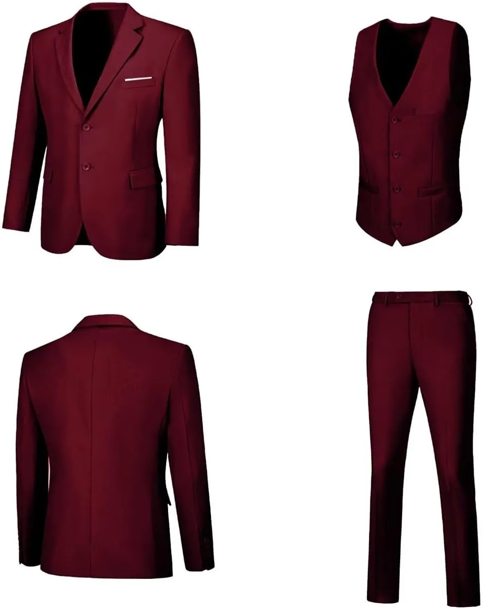 Mens Suit 3 Piece Set Slim Fit Wedding Groomsmen Suit for Men Two Buttons Suits Set Solid Jacket Vest Pants with Tie