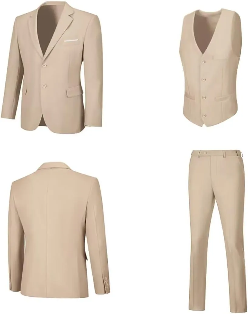 Mens Suit 3 Piece Set Slim Fit Wedding Groomsmen Suit for Men Two Buttons Suits Set Solid Jacket Vest Pants with Tie